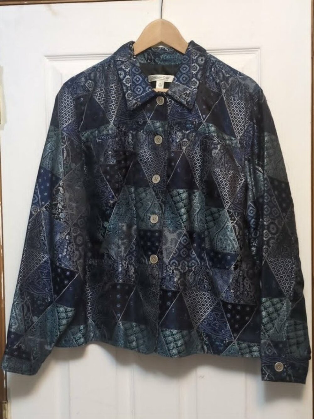 Coldwater Creek Blazer Jacket Sz XL Satin Patchwork Blue Boho Chic Eccentric Art